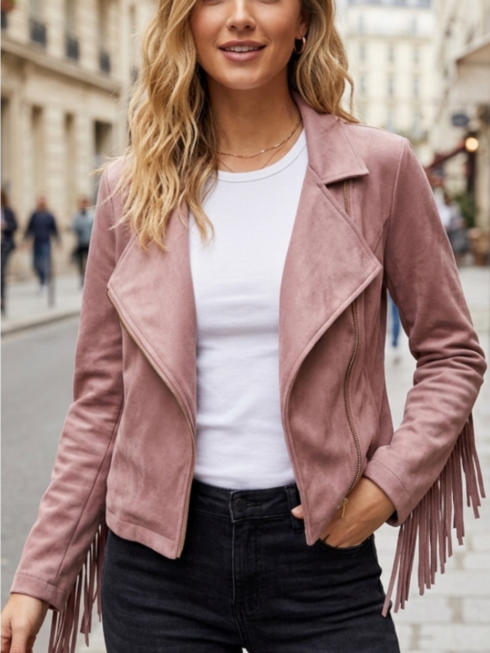 Soho Apparel Dusty Pink Suede Fringe Moto Jacket